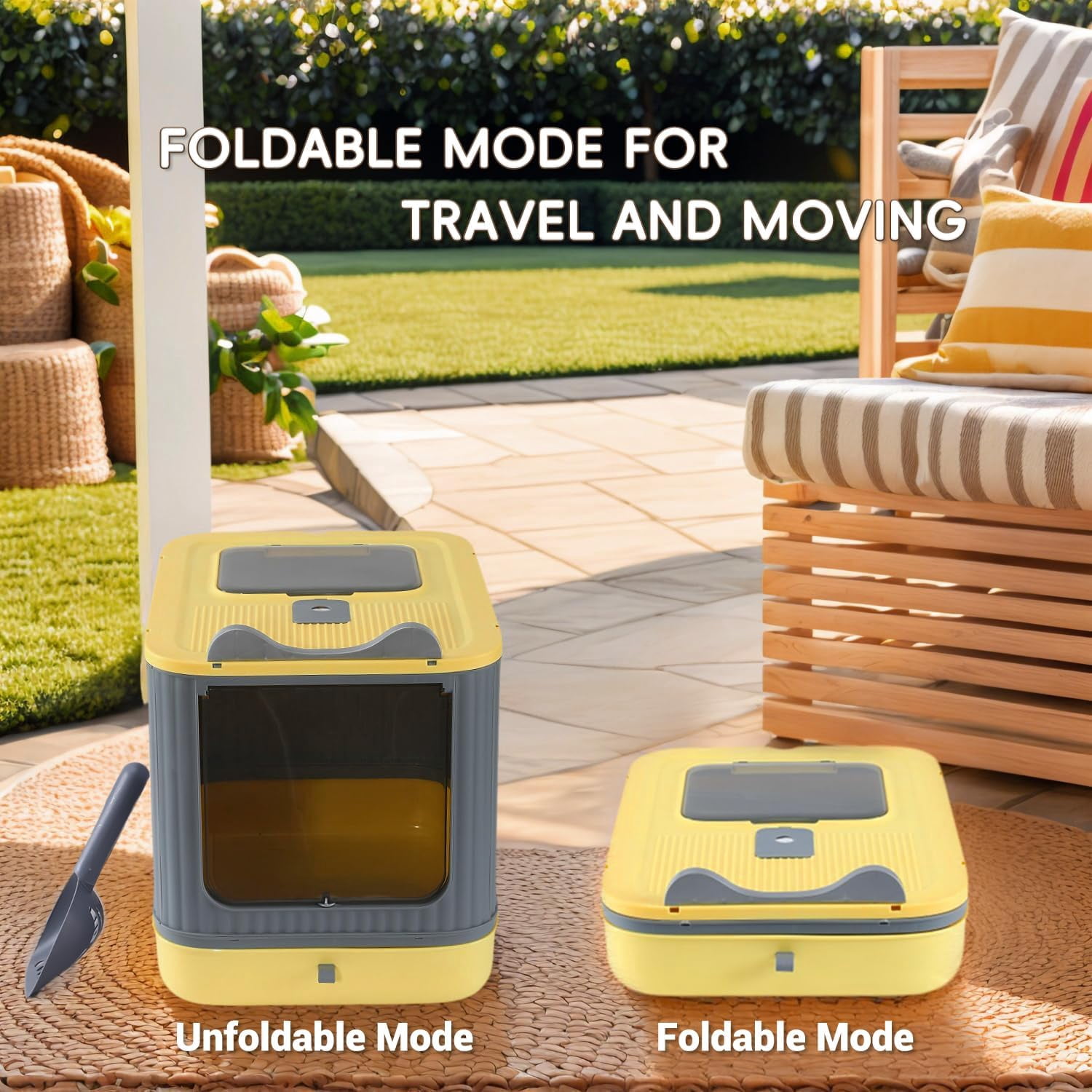 LCZLBRRD Foldable Cat Litter Box for Kitten to Adult Cat, Fully Enclosed with Scoop, Odor Control, Yellow & Grey