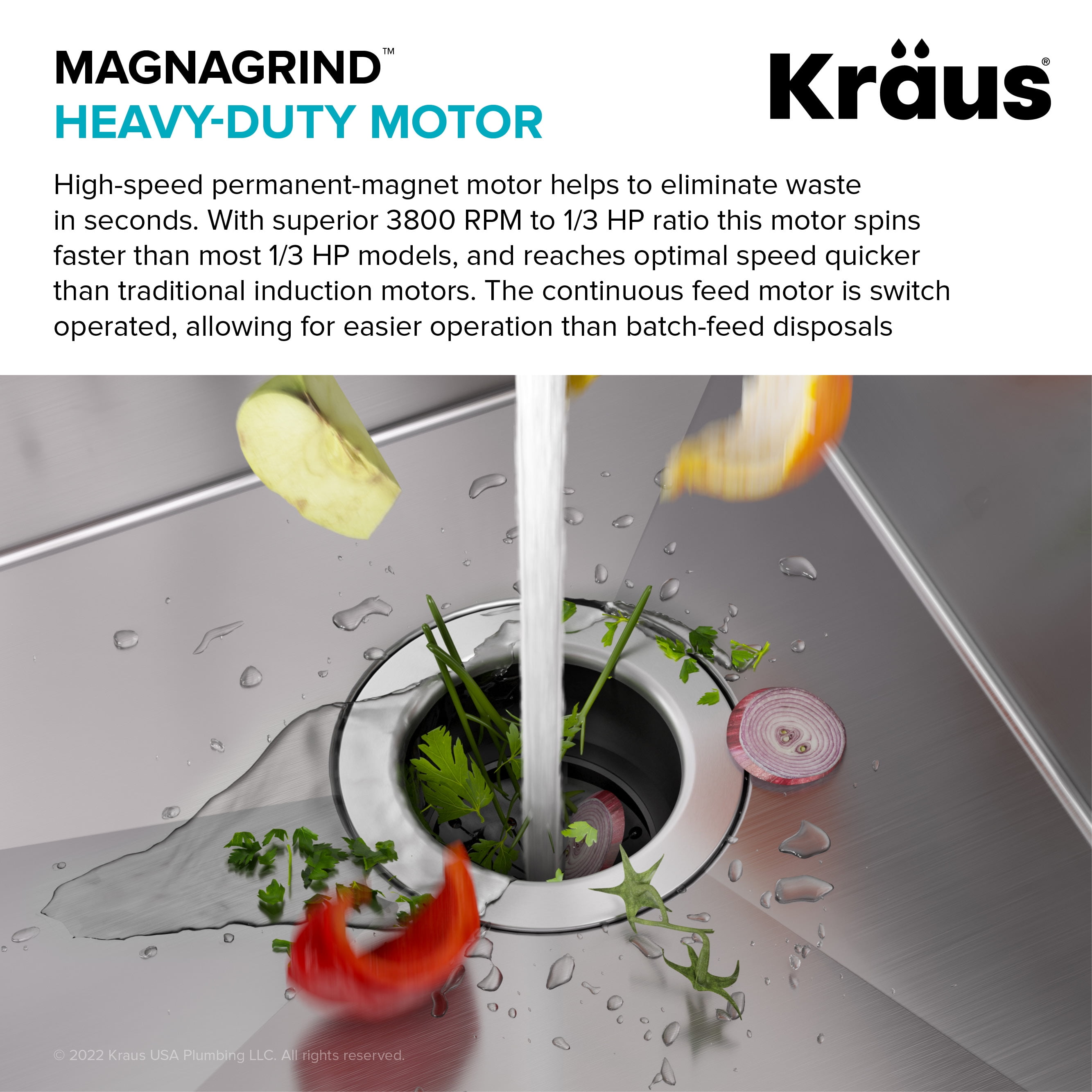 Open Box KRAUS WasteGuard High-Speed 1/3 HP Continuous Feed Ultra-Quiet Motor Garbage Disposal with Quick Connect Mount, Power Cord and Flange Included