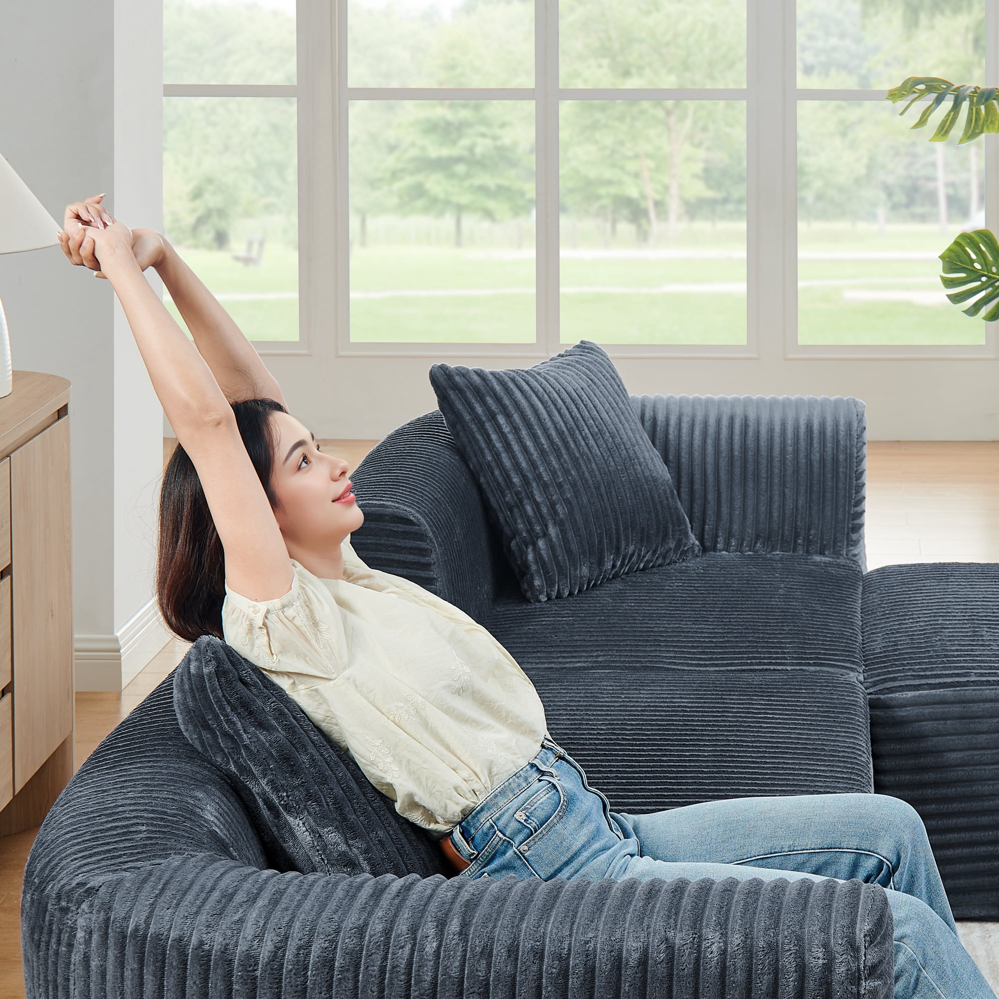 Leumius 114" Cloud Sectional Couch with L-Shape Chaise,Upholstered Corduroy Modular Sofa with Movable Ottoman for Living Room Bedroom, No Assembly Required,Grey