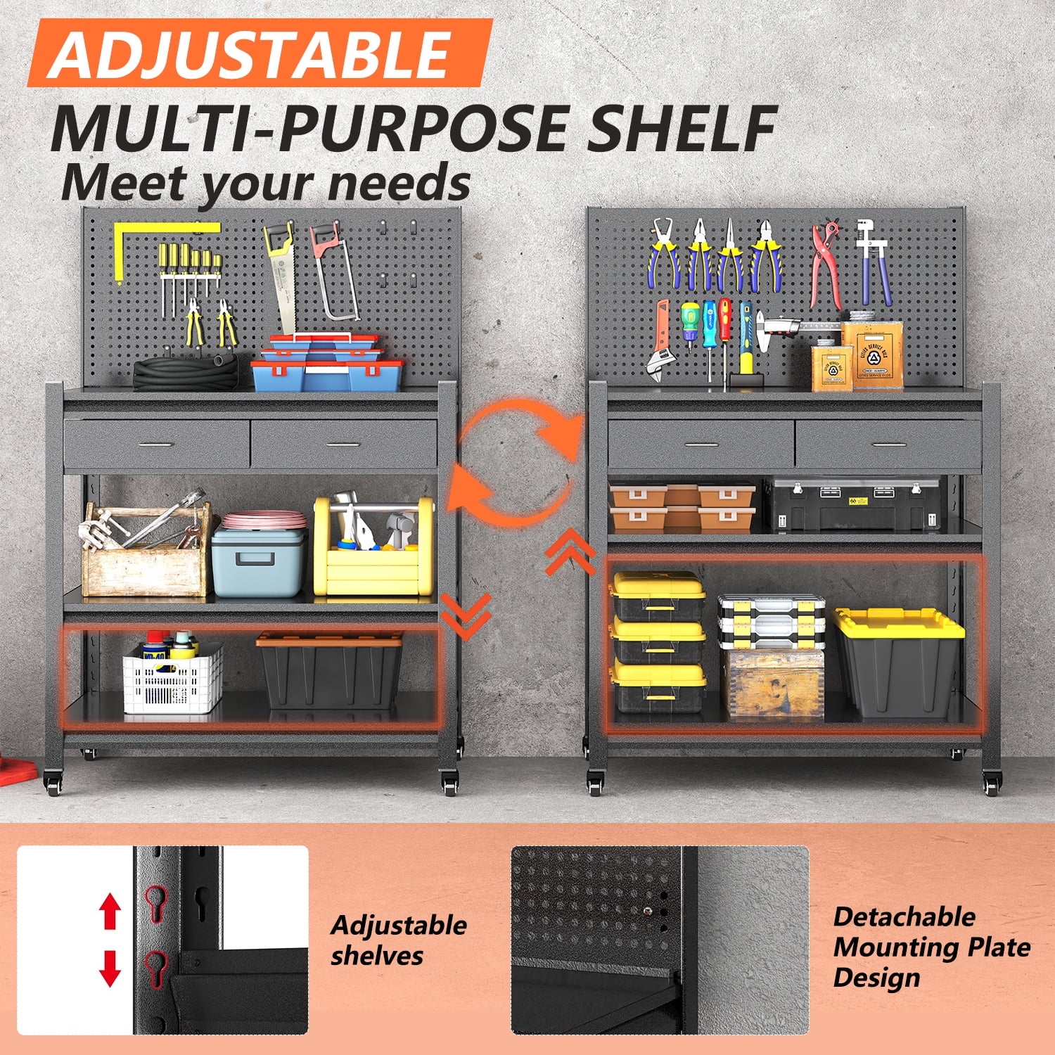 Workbench with Pegboard & Drawer, Adjustable Shelving Work Table, Mobile Workstation with Lockable Wheels for Garage Warehouse Workshop Office, 47.2" H x 33.5" W x 18" D, Black