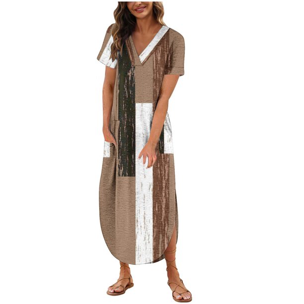 Vestido de Manga Corta para las Mujeres, Vestido Casual de Cuello en V de Bolsillo de Impresión de Moda Sexy Hecho de Poliéster Ligero para el Verano, Vestido de Verano para las Mujeres