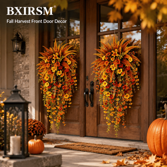 30" Fall Front Door Wreath Alternative, Hanging Swag with 2 Faux Morning Glory & Fern, Autumn Thanksgiving Farmhouse Decor, 1 Basket