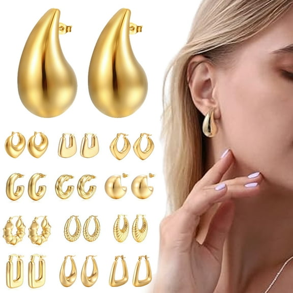 Hoop Earrings for Women, 18K Gold Plated Lightweight Hypoallergenic Chunky Open Hoops Jewelry for Gift