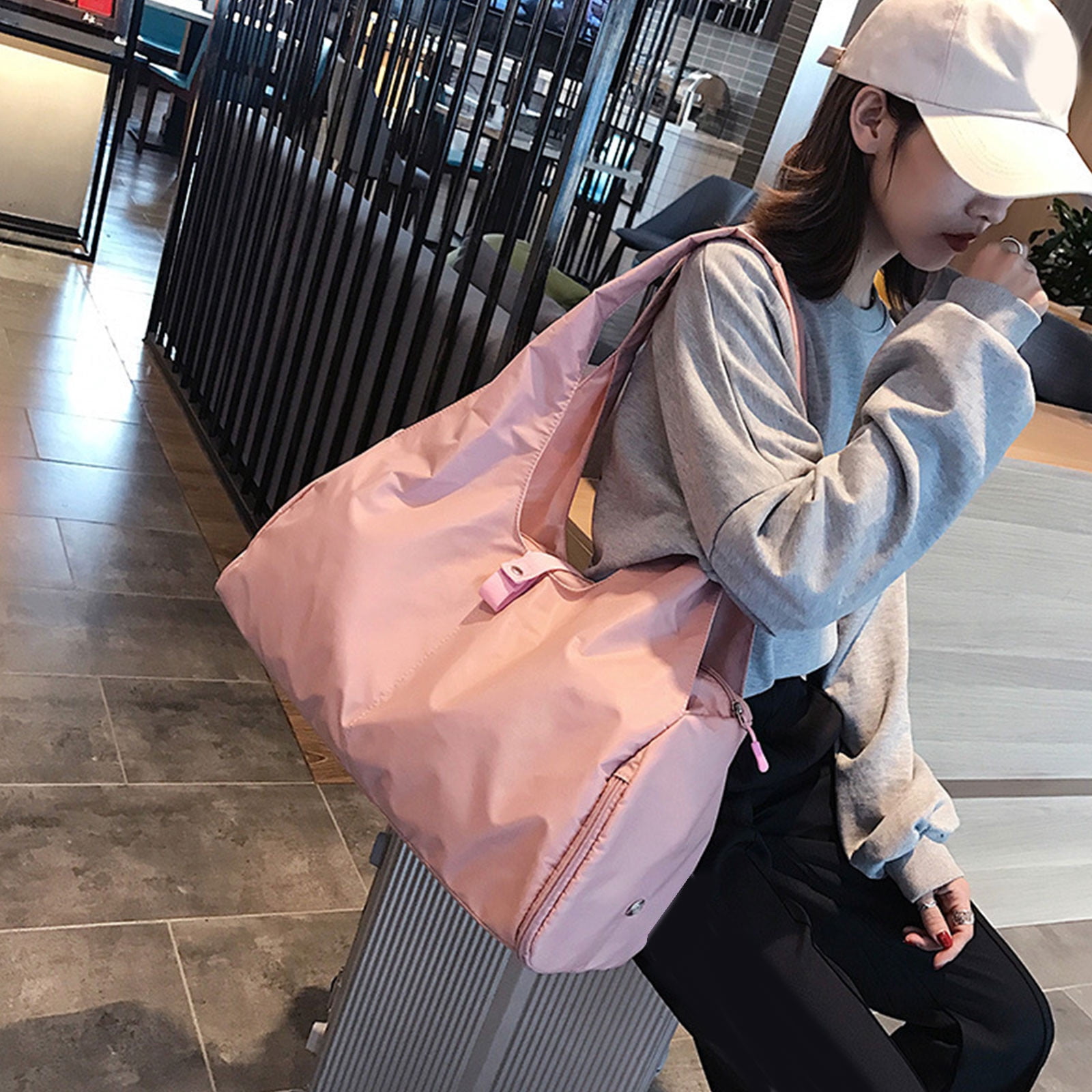 Dry Wet Separation Gym Bag, Large Capacity Waterproof Travel Duffle with Shoe Compartment, Trolley Sleeve Portable Boarding Bag, Black Pink Fitness Travel Essential