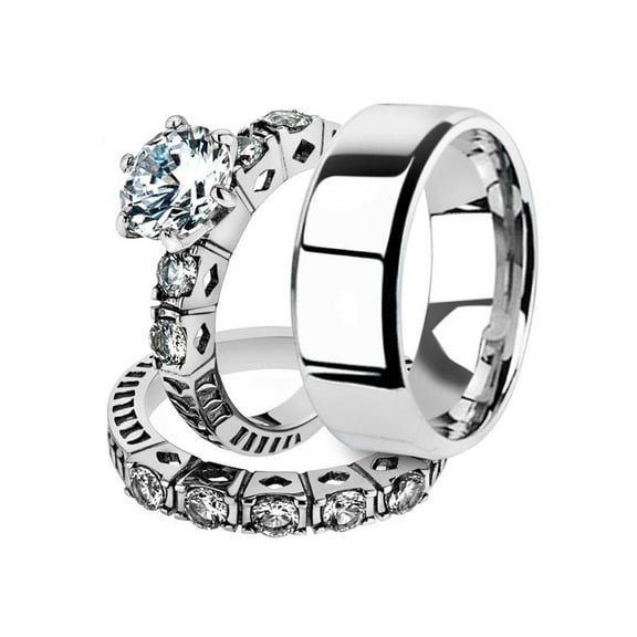 His and Her 3pc Stainless Steel 3.10 Ct Cz Bridal Ring Set and Men Beveled Edge Band Women's Size 10 Men's 06mm Size 10