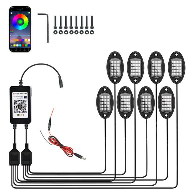 Oliegs Couverture RGB LED Rock Lights Kit de Lumière Néon Multifonction avec Contrôle par Application Lumières Multicolores pour ATV RZR UTV SUV Tout-Terrain (4 Capsules 6 Capsules 8 Capsules 10 Capsules 12 Capsules)