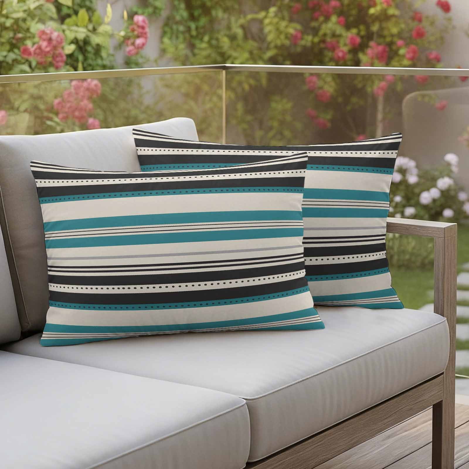 Green Black Grey Striped Outdoor Waterproof Pillow Covers, Farmhouse Vintage Stripe Decorative Rectangle Throw Pillowcase Sofa Cushion Sham for Patio/Couch/Chair, 20"x12" 2 Pack