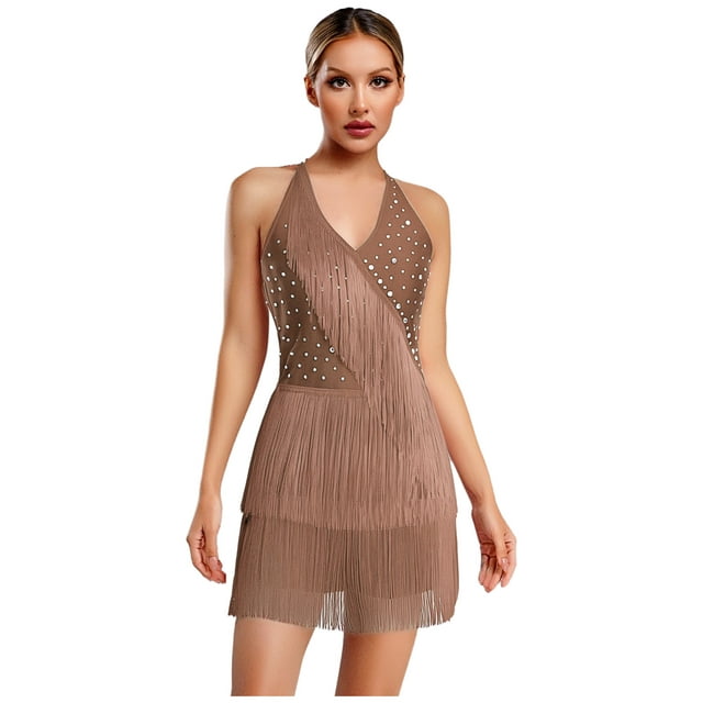 Alvivi Combinaison Sans Manches à Franges pour Femmes, Latin, Salsa, Danse de Salon, Valse, Costume de Danse, Barboteuse, Tenue de Danse, Café, TTG