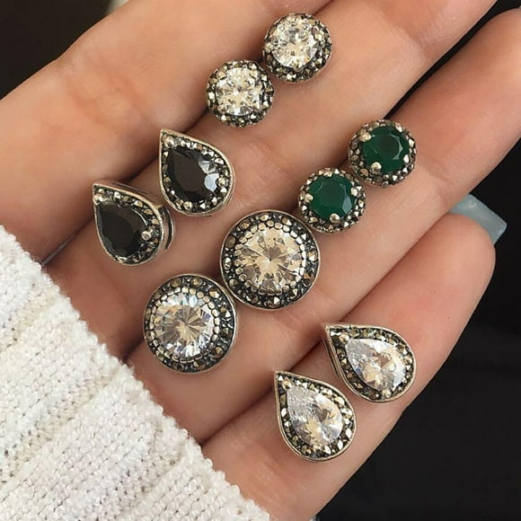 HOARBOEG Earring for Women 5 Pairs/Set Stud Earrings Cubic Zirconia Water Drop Green Black Gemstone Jewelry