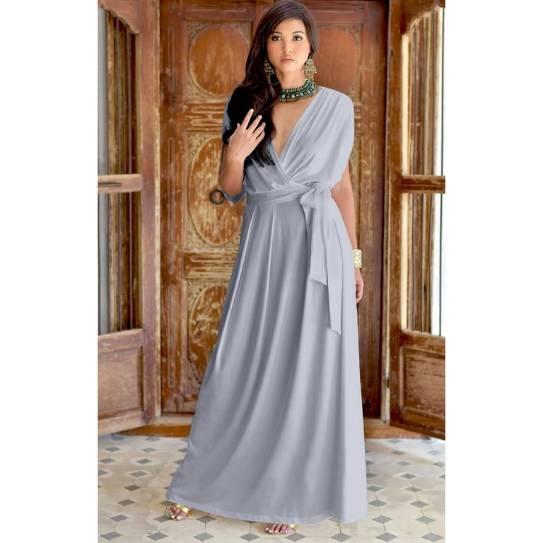 KOH KOH Long Bridesmaid Formal Short Sleeve V Neck Full Floor