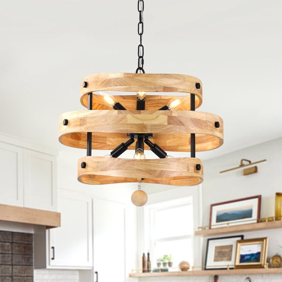 Cusp Barn 6-Light 3-Tier Wooden Chandelier, Rustic Industrial Pendant Lighting with 71" Adjustable Chain