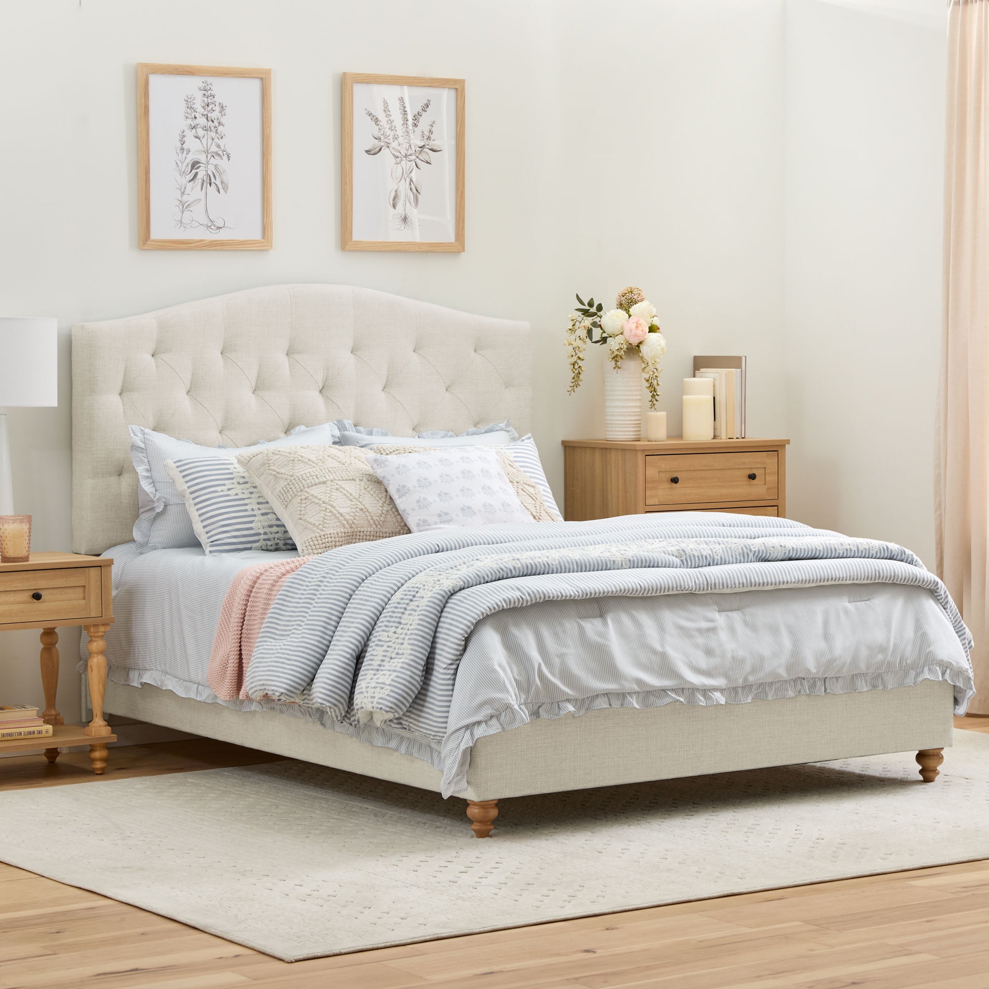 My Texas House Anna Upholstered Diamond Tufted Platform Bed, Twin, Oat