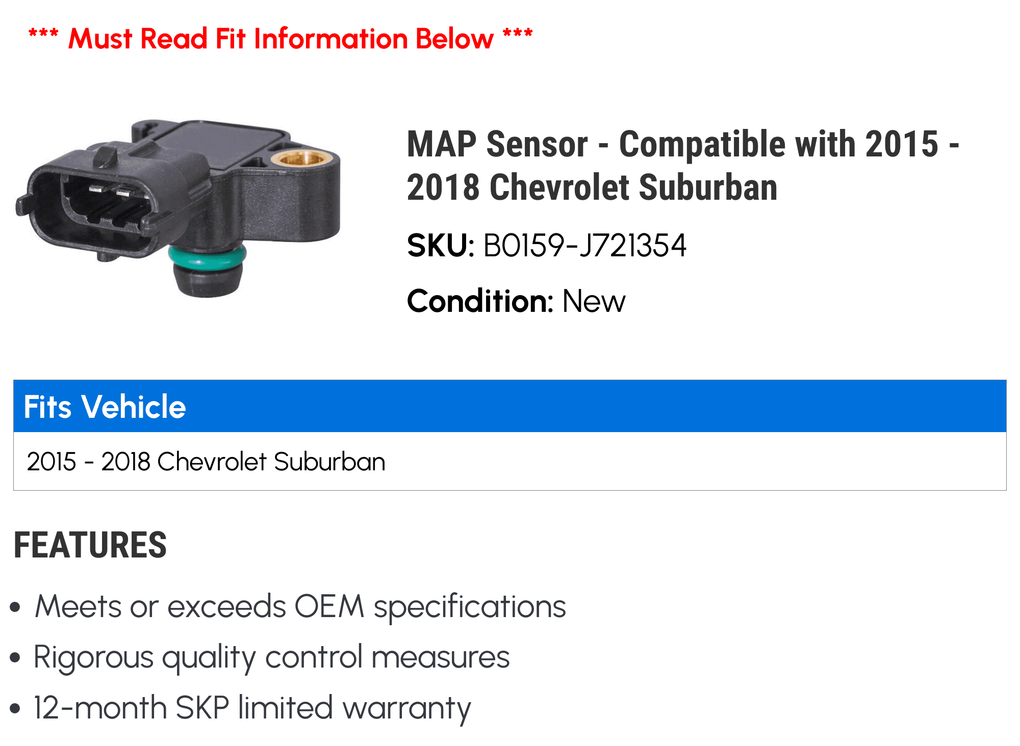 MAP Sensor - Compatible with 2015 - 2018 Chevy Suburban 2016 2017
