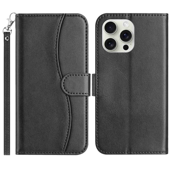 Wallet Case for iPhone 16 Pro, PU Leather Flip Folio Phone Cover with Card Slots Wrist Strap Kickstand Magnetic Clasp Shockproof Full Body Protective Case, Black