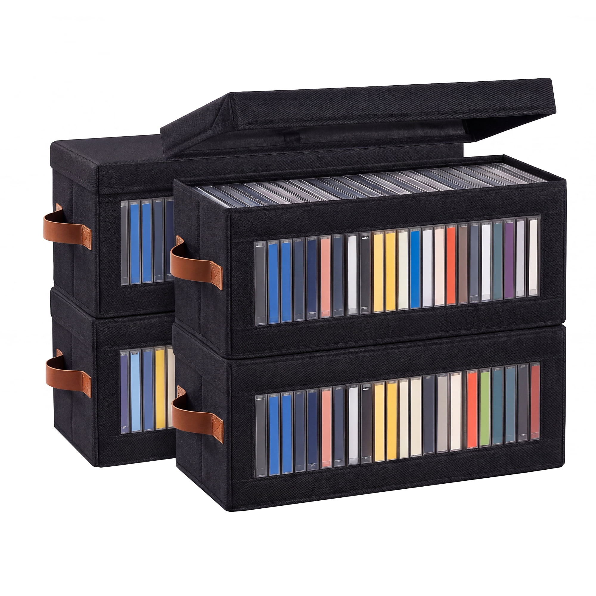 4 Packs DVD Storage Box with Visible Window Hard Shell CD Storage Holder Organizer with Handles Holds up to 104 Cases, CD Holder for Blu-Ray DVD Case