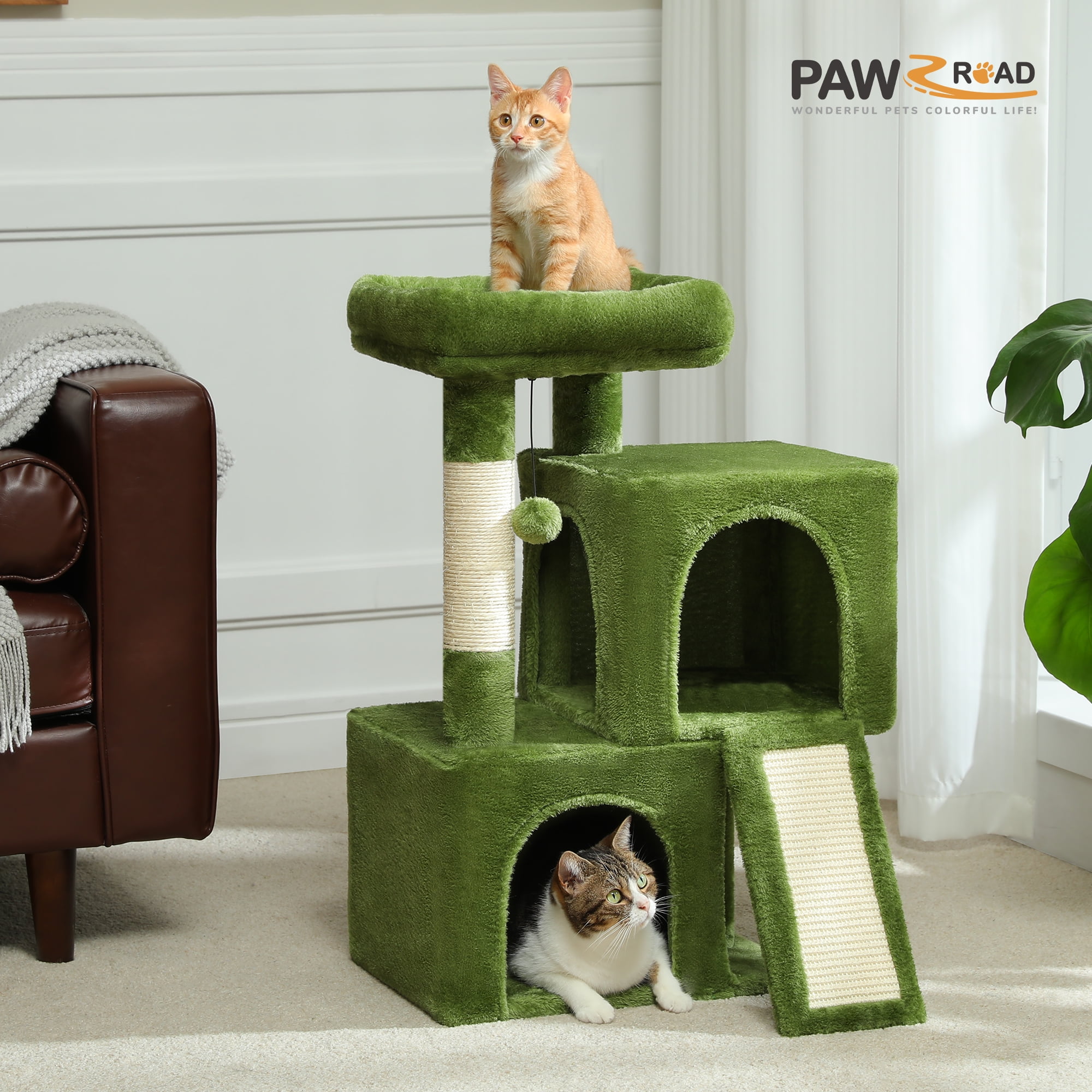 PAWZ Road 30" Cat Tree Condo with Sisal Scratching Post Tower Ramp for Indoor Cats,Green