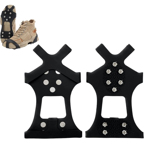 Ice Cleats for Shoes and Boots with 10 Stainless Steel Teeth, Anti-Slip Shoe Spikes for Snow and Ice, Unisex Silicone Crampons for Winter Hiking Ice Fishing Climbing & Mountaineering