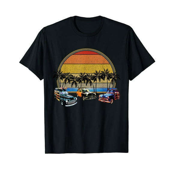 Retro Cars On A Beach With Vintage Grunge Sunset Palm Trees T-Shirt