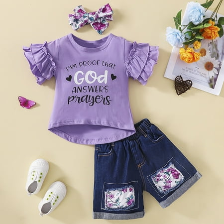 

Toddler Baby Girls 3PCS Outfits Flare T-shirt Patch Floral Denim Shorts Clothes