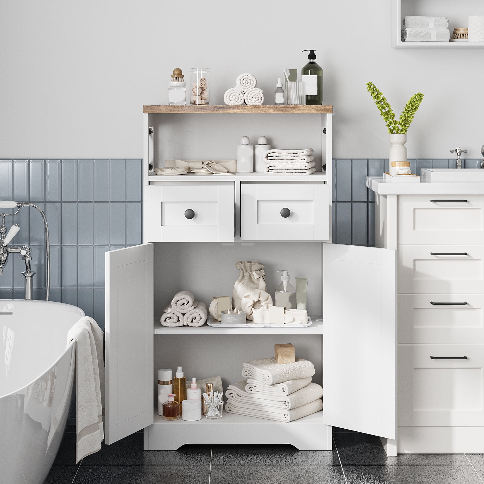 VEANERWOOD Bathroom Floor Cabinet Wooden Storage Organizer with 2 Barn Door, 2 Drawers & Adjustable Shelf, 42.7"H Floor Bathroom Storage Cabinet