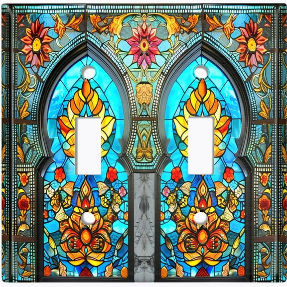 Metal Light Switch Wall Plate Outlet Cover (Printed Image of Vibrant Floral Stained Glass - Double Toggle)
