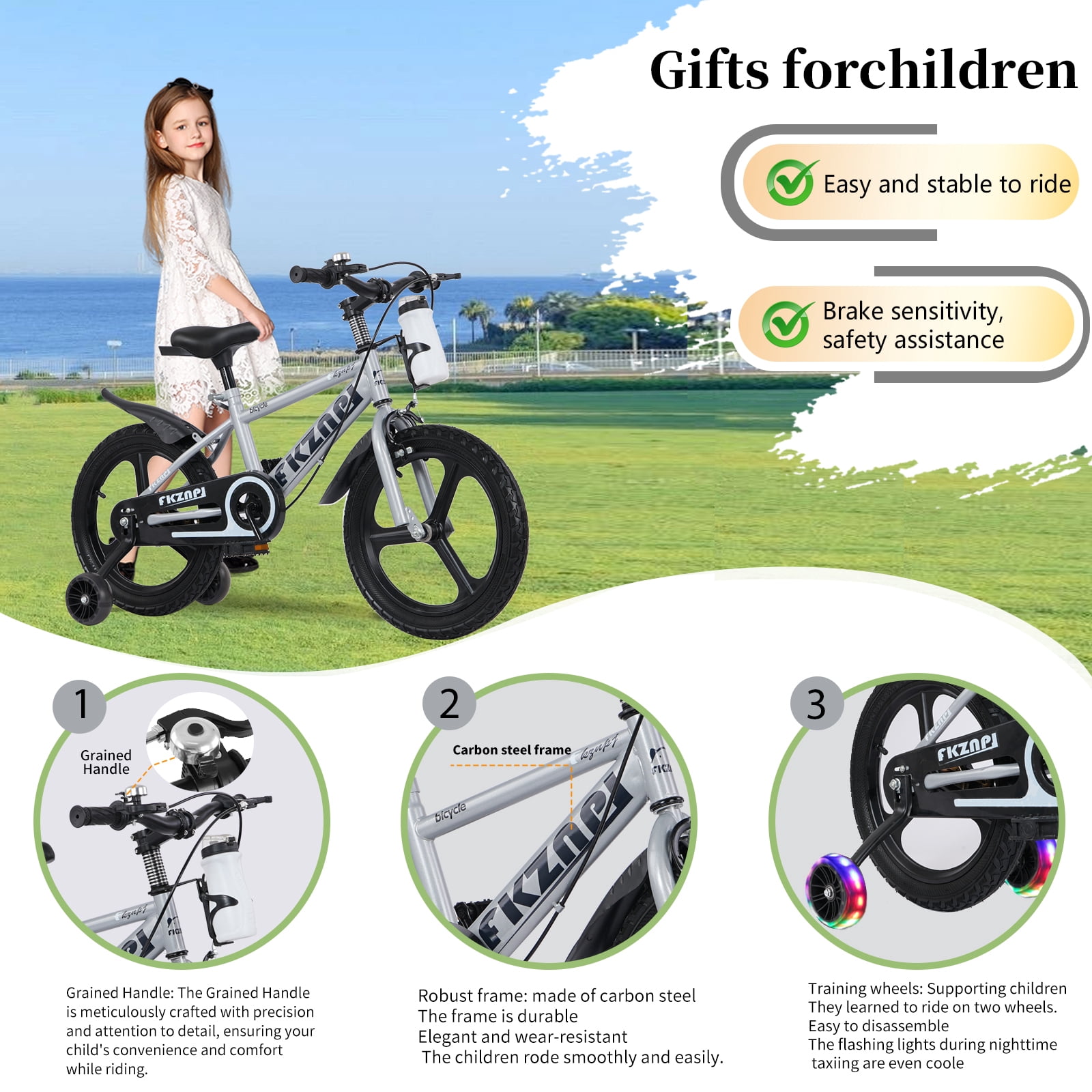 18" Kids Bike for Boys Girls, Toddler Bike with Training Wheels, Bicycle for Kids with Adjustable Seat, Water Bottle, Fits Riders 45"-57", Gray