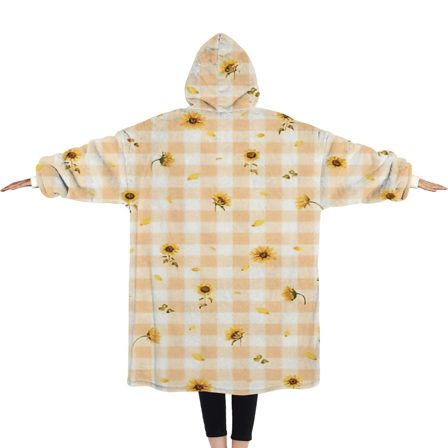 Oversized Wearable Blanket Hoodie,Orange White Checker Sunflower Pattern Sherpa Blanket Hoodie with Super Pockets,Super Warm Fuzzy Pullover for Women & Men
