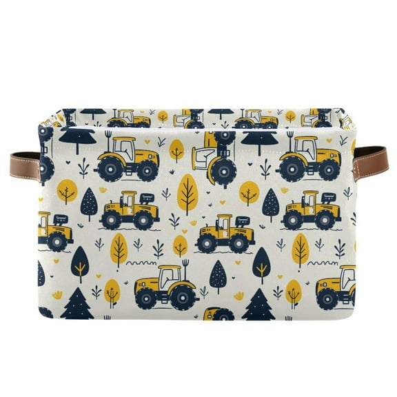 Yayeee Canvas Storage Basket with Handles for Shelves Fabric Bins Closet Organizer, Yellow Cartoon Truck Pattern