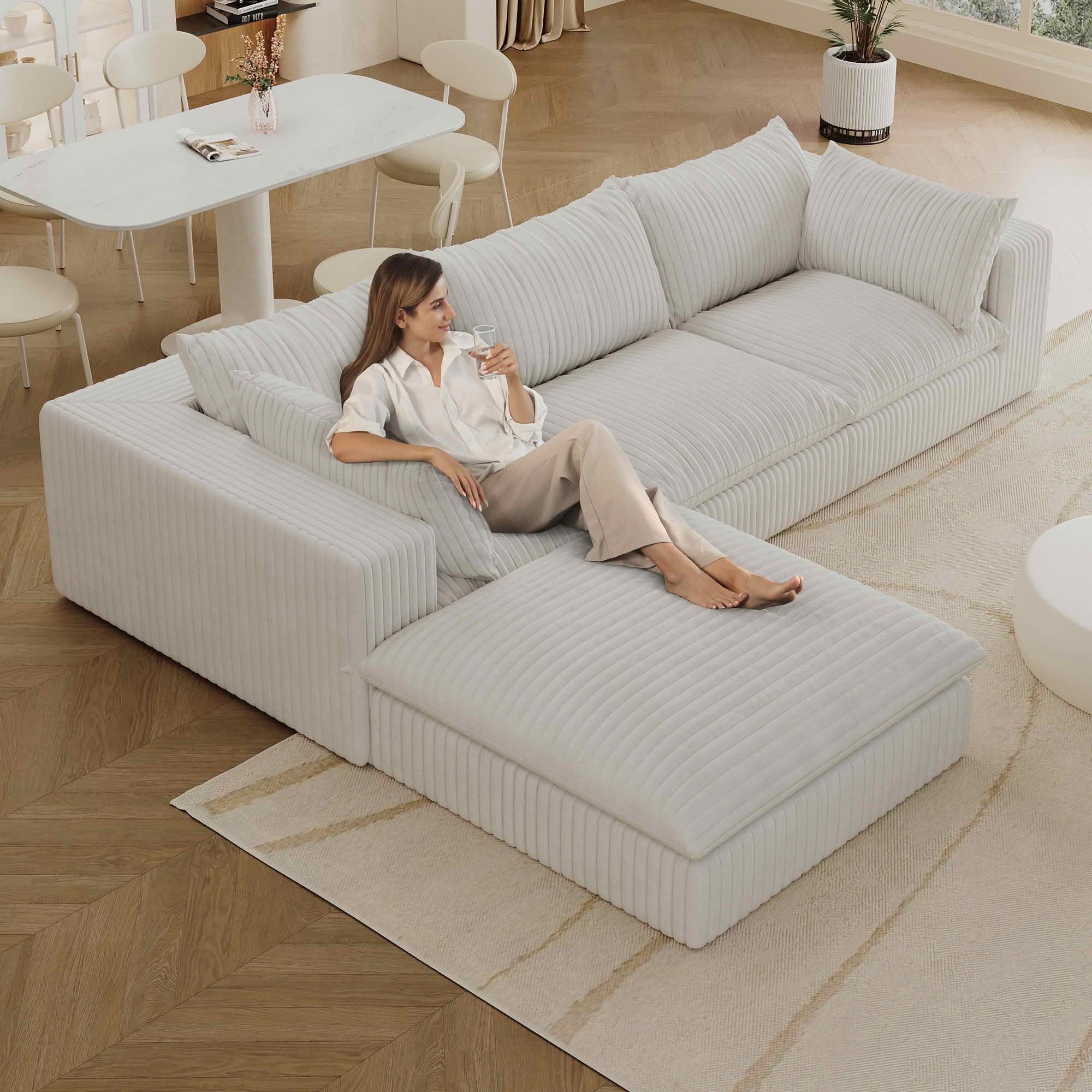MAYEERTY 118.2" Cloud Corduroy Sofa, Deep Seat Double-Layer Design, Removable Cushion No Assembly, DIY Combination, White