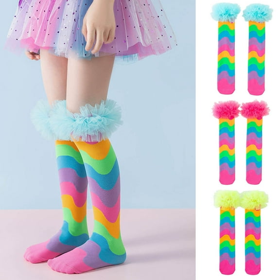 Fancifize Kids Girls Knee High Socks Fashion Cute Lace Socks Casual Color Block Holiday Party Fall Winter Socks 3-12 Years