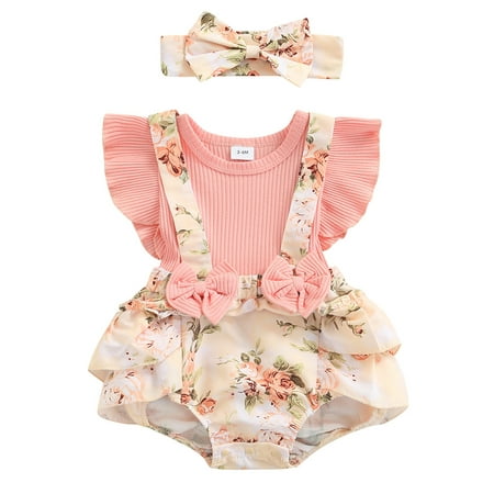 

Frobukio Newborn Infant Baby Girls Floral Rompers Flower Print Bow Jumpsuit Sunsuit Playsuit Summer Clothes Pink 9-12 Months