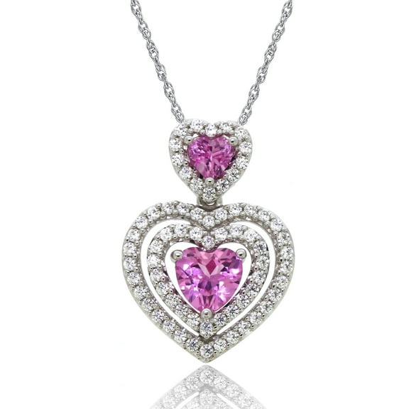 Brilliance Fine Jewelry 925 Sterling Silver Created Pink Sapphire and White Cubic Zirconia CZ Double Heart Pendant, 18" Chain