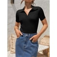 thumbnail image 2 of Womens V Neck T Shirts Short Sleeve Slim Fit POLO Tops Solid Color Trendy Summer Basic Tee T-Shirts, 2 of 6