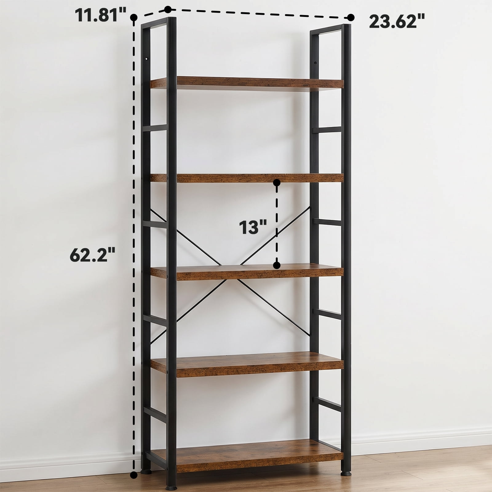 Alvantor 5-Tier Bookshelf, Modern Narrow Bookcase with 30lbs Shelf Capacity, Storage Shelf for Living Room/Office, Brown/Black