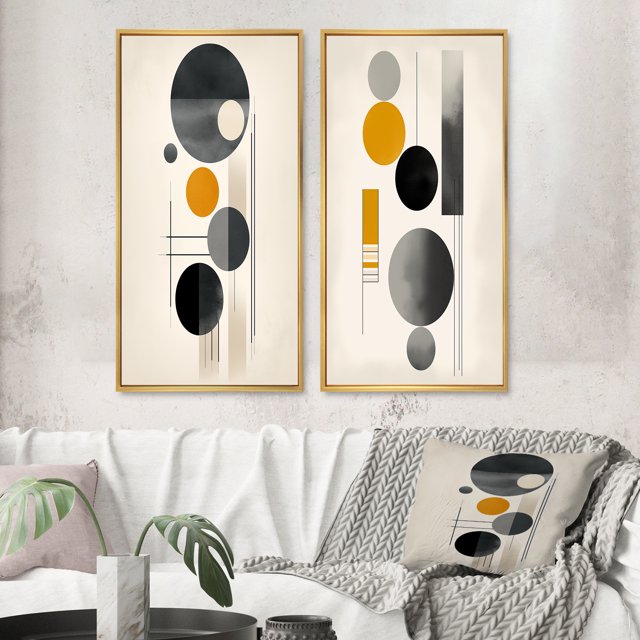 Designart "Simple Circles Geometric Minimalism IX" Modern Geometric Framed Wall Art Set Of 2 - Modern Yellow Frame Gallery Set For Office Decor