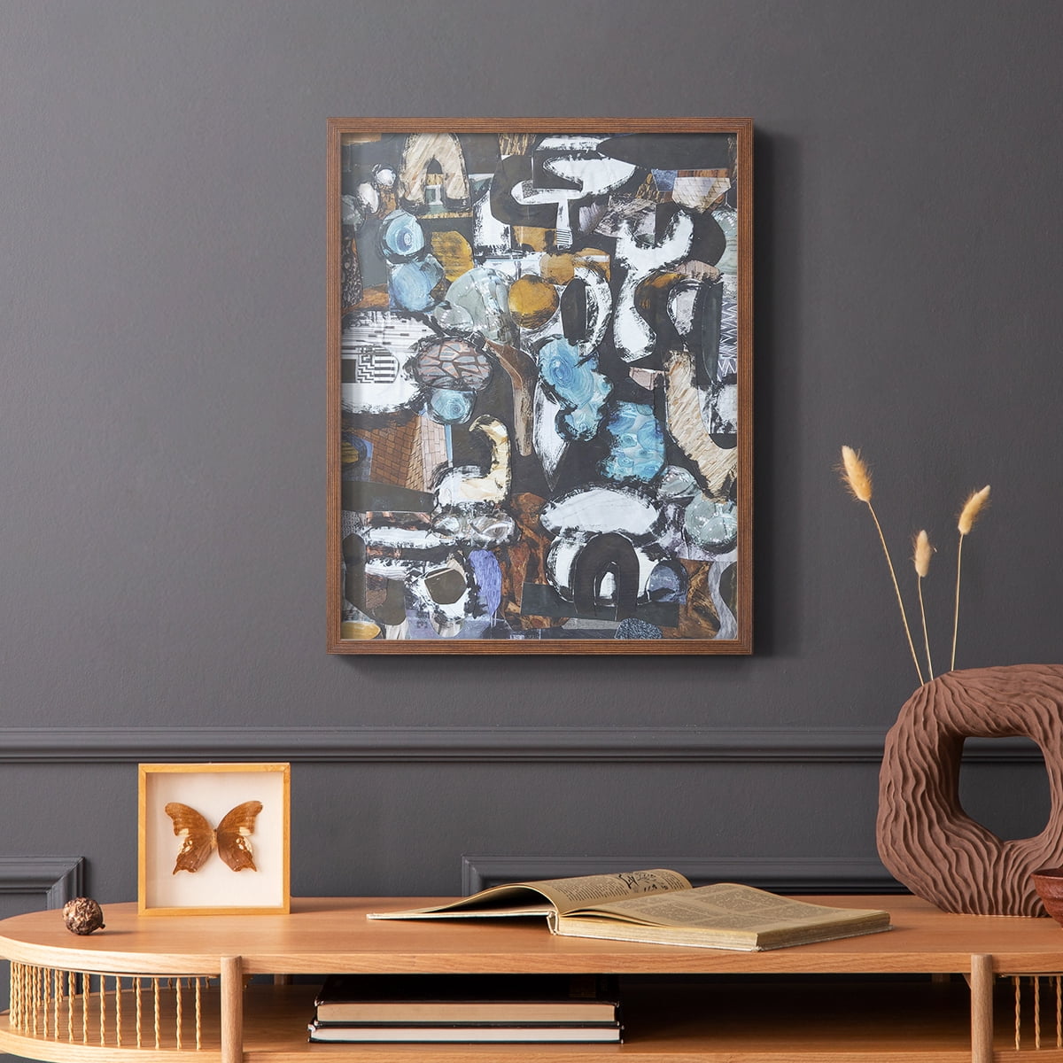 California Beach Blue Glass Framed Print in Brown Solid Wood Framed Print No Nail Hanging
