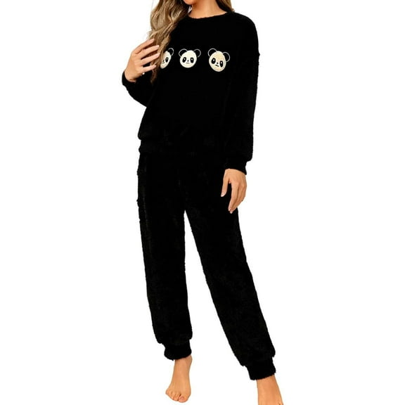 Bibifish Womens Pajama Sets Black Plush Panda Pattern Long Sleeve Sleepwear Sets Top With Jogger Pant Cute Home Cozy Nightwear Sets