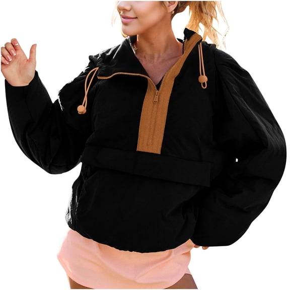 Womens Crew Neck Pullover Puffer Jacket Long Sleeve Loose Jackets Half Zip Hooded Down Coat With Drawstring Pockets