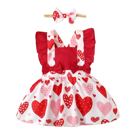 

Kucnuzki Newborn Baby Girl Clothes 6 Months Summer Dress 12 Months Fly Sleeve Heart Prints Fake-Two-Pieces Romper Dress Sleeveless Drees Headband 2PCS Set Red