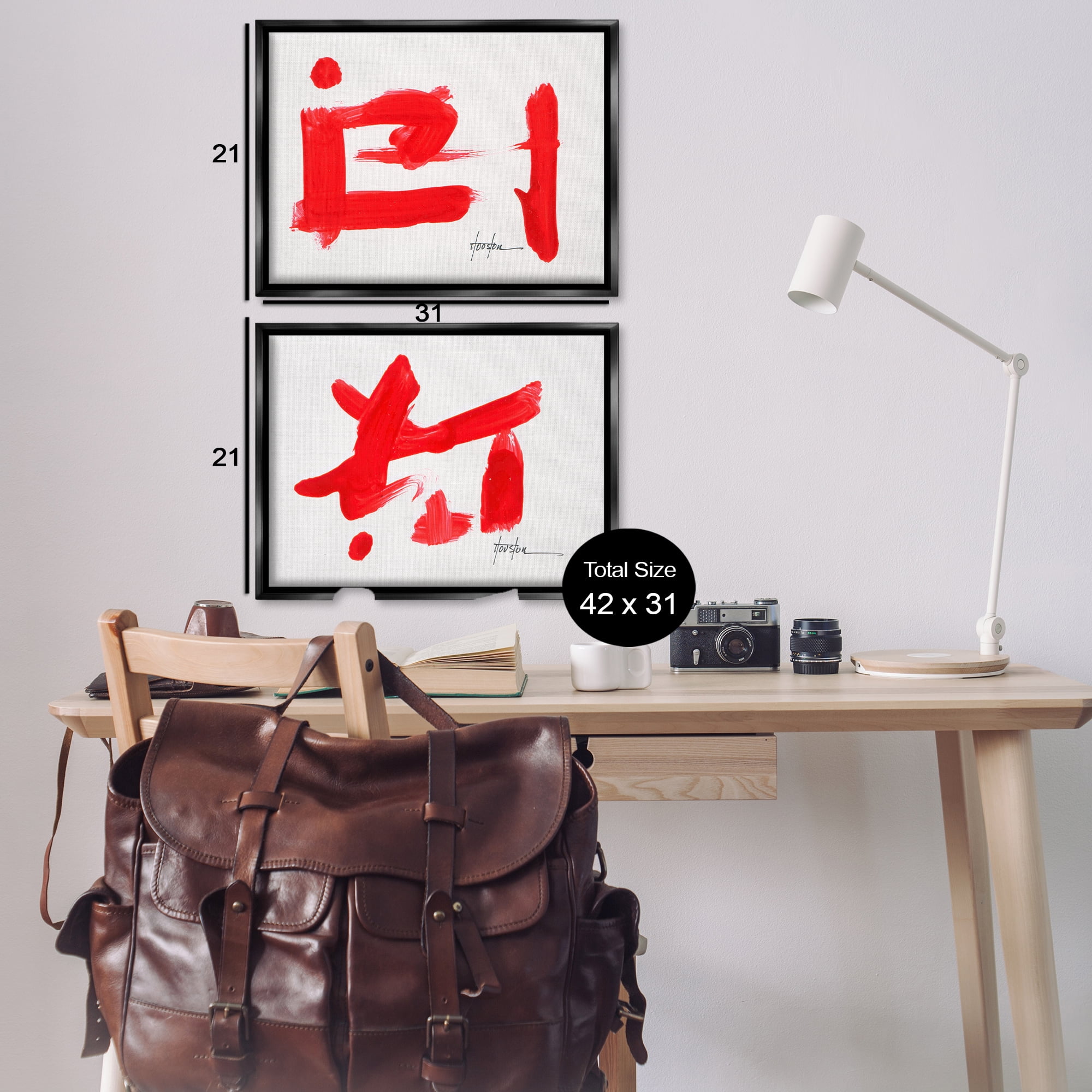 Stupell Industries Red Symbolic Characters Abstract Painting Black Floater Framed Canvas Art Print Wall Art, 31 x 21, Set of 2