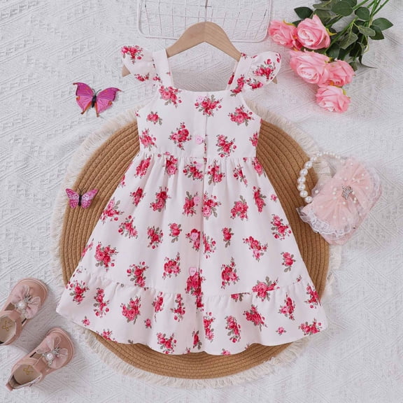 Girls Dresses Flutter Sleeve Floral Spring Summer Casual Comfortable Kids Clothes