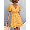 thumbnail image 6 of Women's V-Neck Flutter Sleeve Mini Dress with Ruffle Trim and Smocked Bodice Polyester 100% Lightweight Everyday Dress, 6 of 12