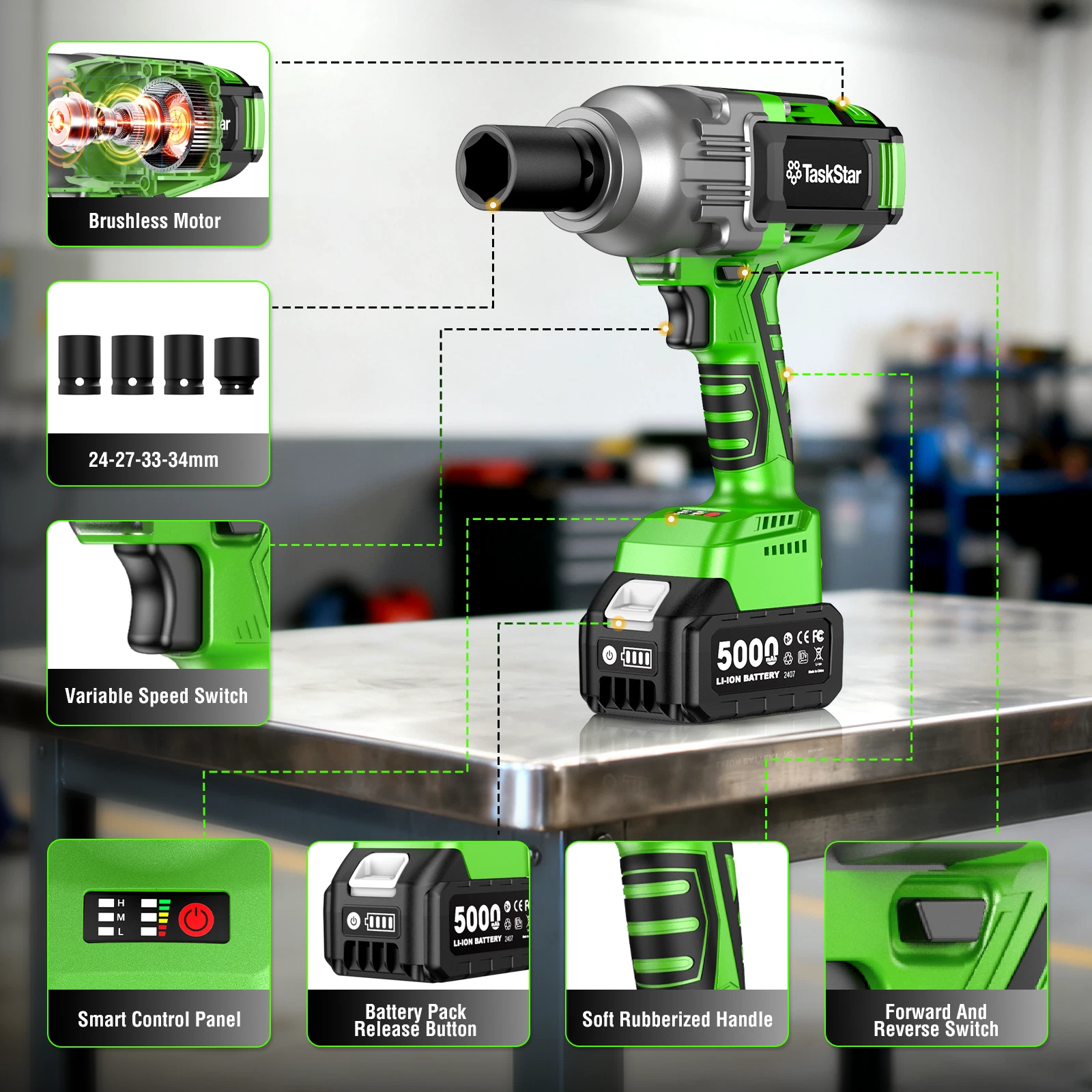 Taskstar 3/4 in. Cordless Impact Wrench 2000Nm, 1475ft-lbs High Torque Brushless Power Electric Impact Gun, 2x 5.0AH Battery