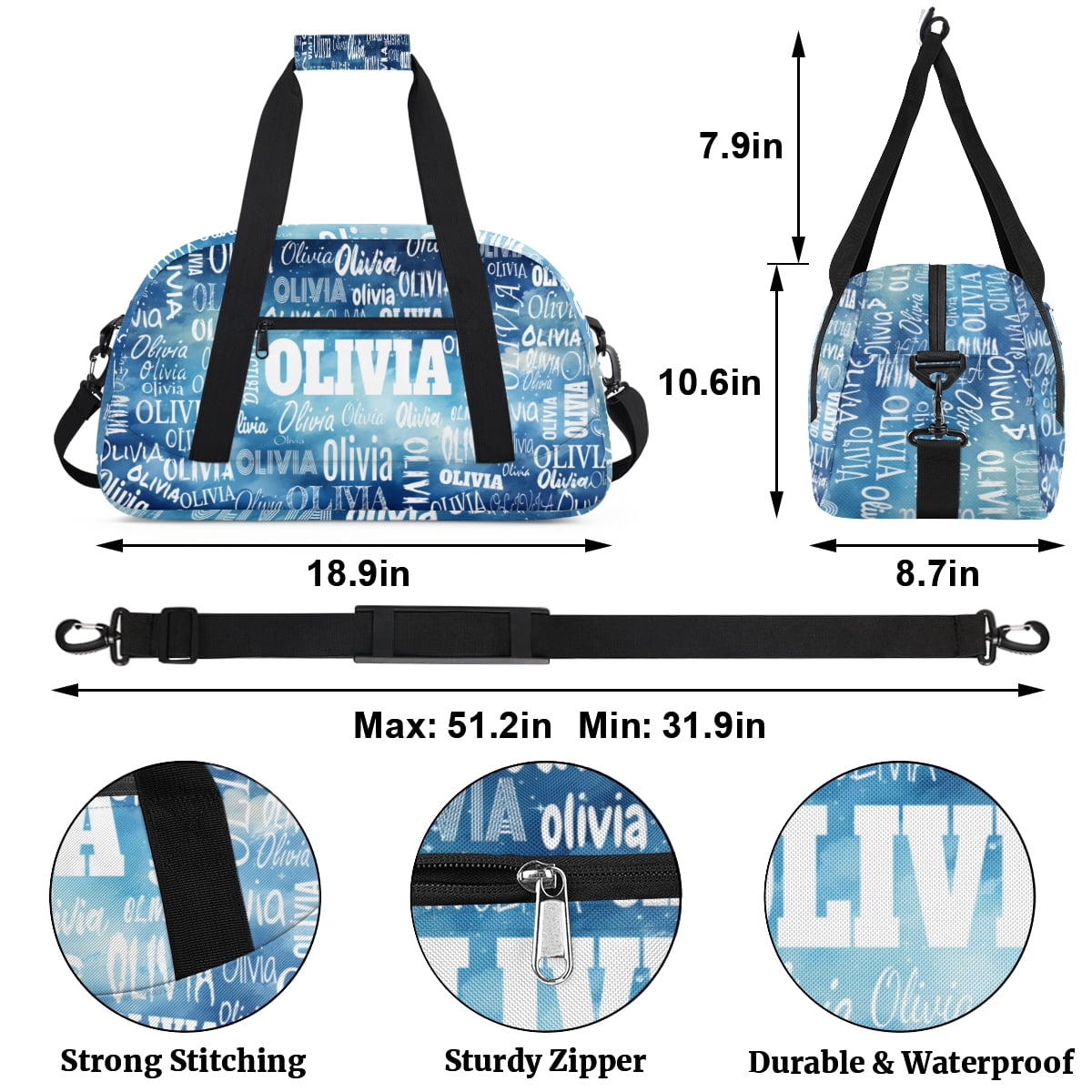 Personalized Sport Dance Gym Bag Duffle Bag Customized Travel Duffel Name Watercolor Blue