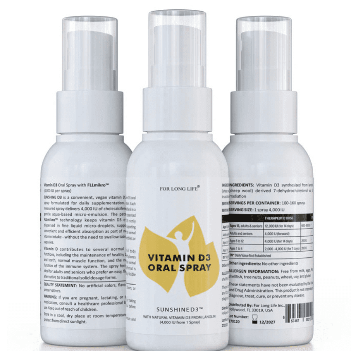 For Long Life - Sunshine D3 - Natural Vitamin D3 Oral Spray, 4000 IU from One Spray