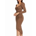 thumbnail image 3 of Women'S Long Sleeve Wrap V Neck Bodycon Ruched Midi Dress Brown S, 3 of 9
