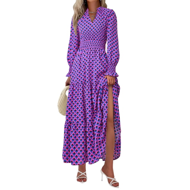 Vestido PRETTYGARDEN 2025 Otoño Maxi Azul y Rosa con Escote en V y Mangas Largas