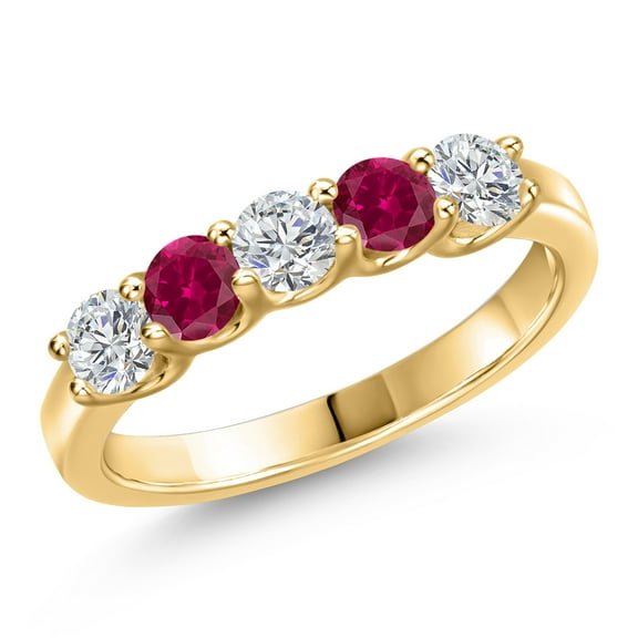 Gem Stone King 10K Yellow Gold Lab Grown Diamond and Red Created Ruby Wedding-Bands Ring for Women | 1.01 Cttw | Round 3.5MM | Gemstone April Birthstone | Size 9