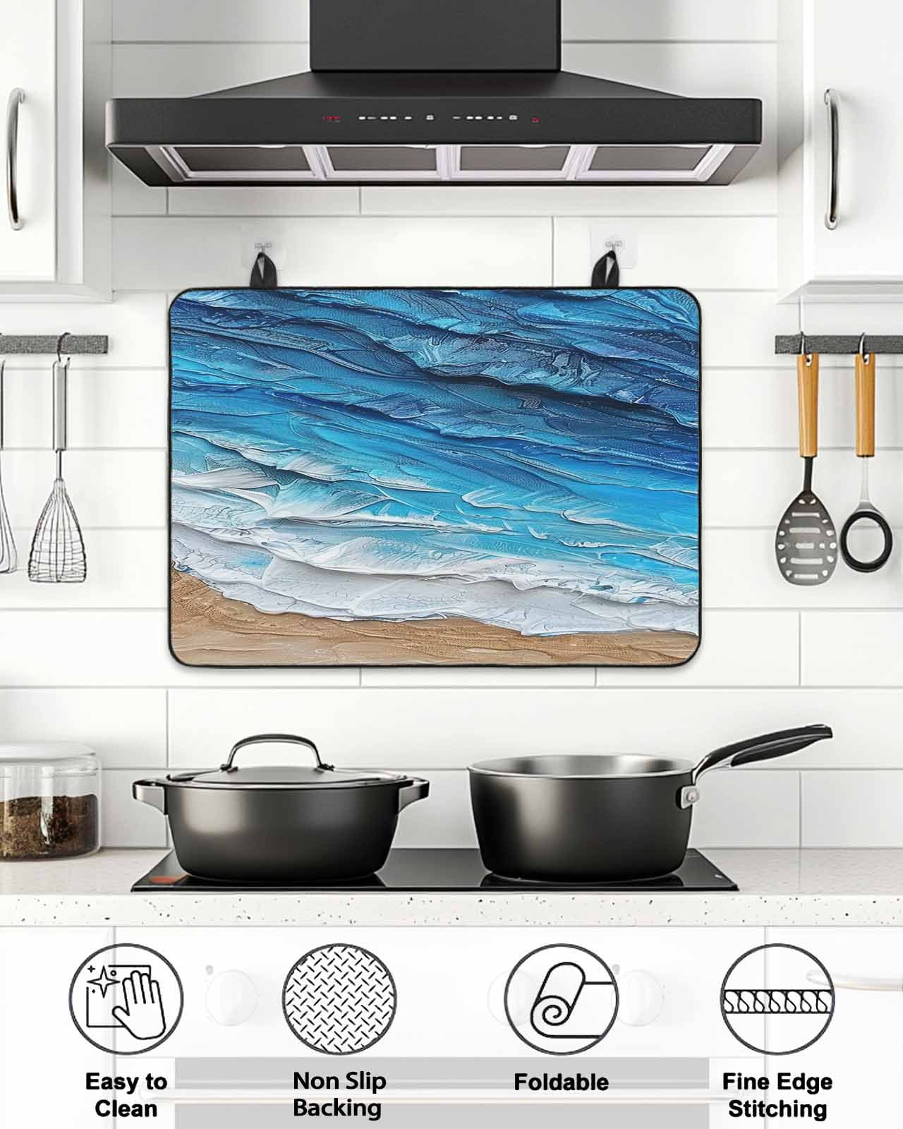 Stove Top Covers for Electric Stove, Blue Coastal Beach Glass Stovetop Cover Protector, Summer Nautical Oil Painting Induction Cooktop Protector Oven Mat for Kitchen Countertop 24"x21"