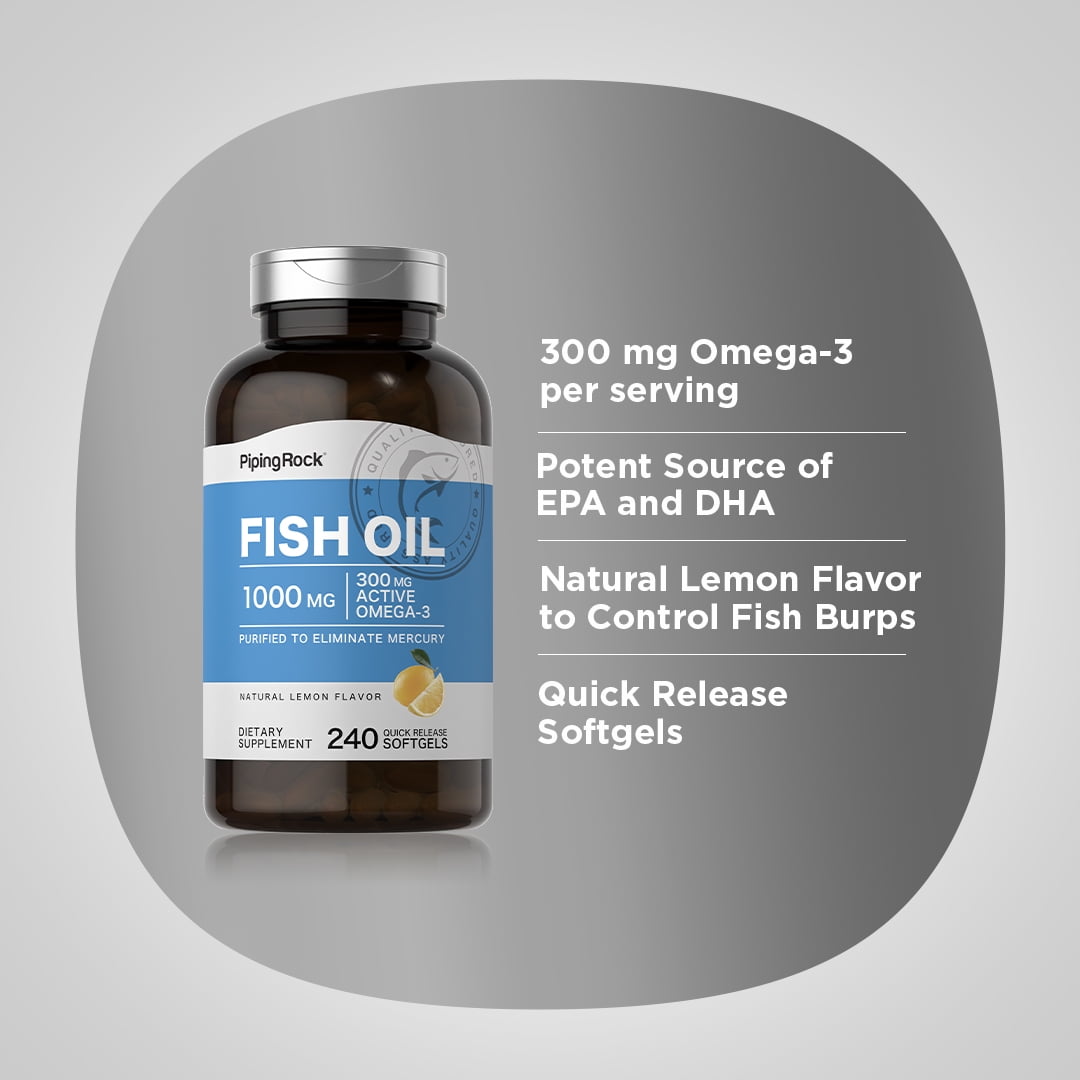 Fish Oil 1000 mg | 240 Softgels for Men and Women | Lemon flavor | by Piping Rock